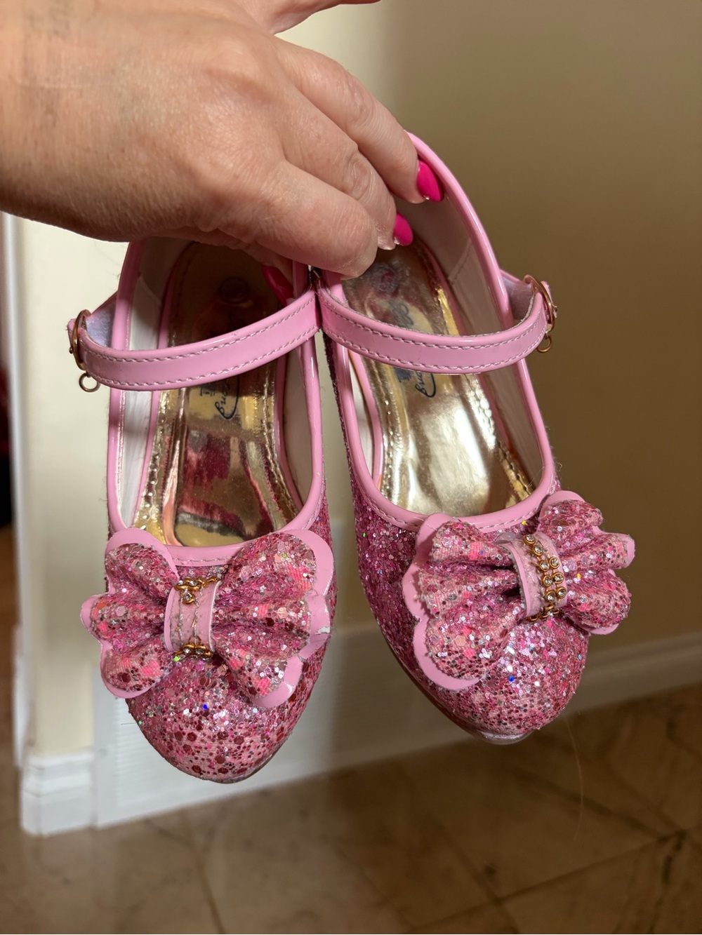 Girls Pink Glitter Bow Mary Jane Shoes